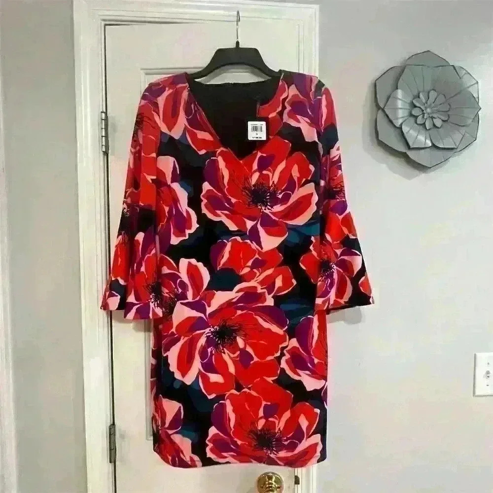 Trina Turk Women's Floral Bell Sleeve Dress Size S Multicolor Knee Length